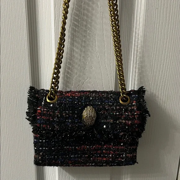 💥Kurt Geiger Tweed Handbag with Black, Red, Blue and Gold Sequins and Gold Chain - Picture 1 of 5